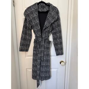 Stella Luce Black White Plaid Knit Belted Coatigan Cardigan Jacket L